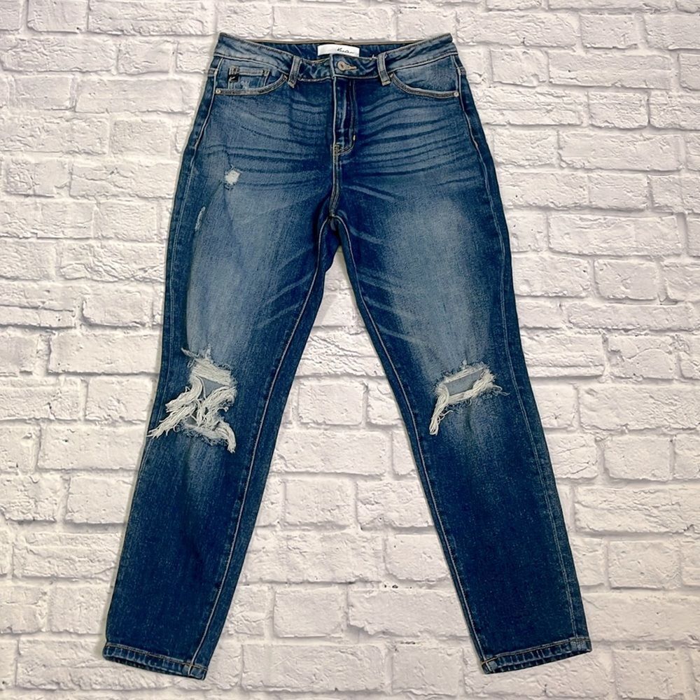 KanCan Women's Straight Leg Distressed Dark Blue Jeans